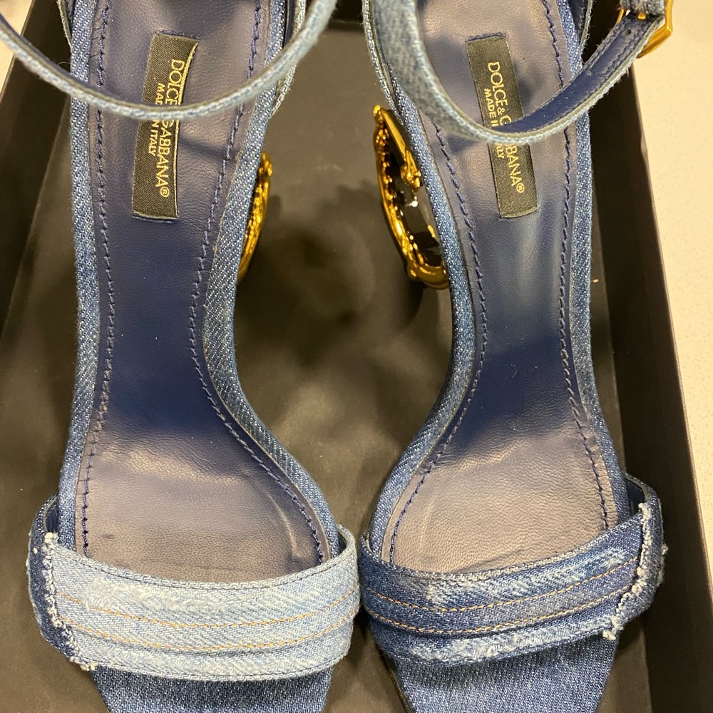 Dolce & Gabbana Blue Denim Sandals with Ornate Gold Sculpted Heels - Picture 2 of 8